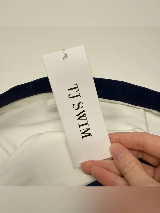 NWT TJ Swim Celeste White & Navy Ribbed Bikini Cheeky Swim Bottoms Size Medium - Picture 11 of 11